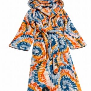 Lands' End Kids Plush Fleece Hooded Colorful Tie-Dye Belted Robe